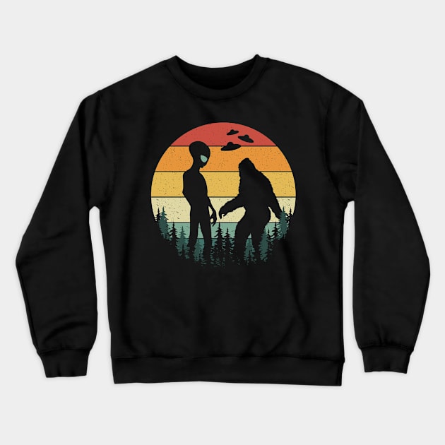 Retro Alien And Bigfoot Ufos Crewneck Sweatshirt by Tesszero